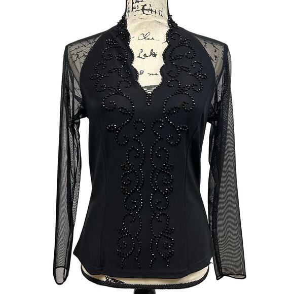 Vintage Beaded Blouse Black Sheer Long Sleeve Deep V-Neck Shirt Scallop Date - Picture 1 of 11